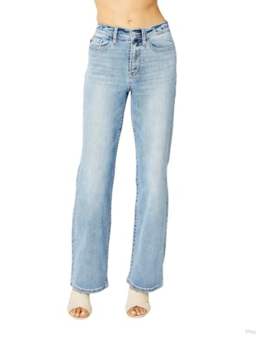 High Waisted Straight Leg Jeans Distressed Cotton Blend